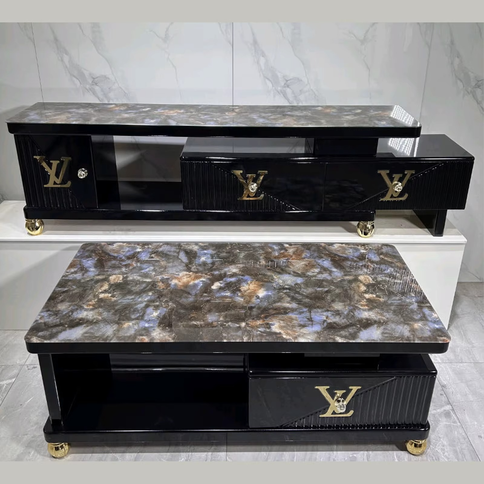 Ensemble RoyalLux – Meuble TV + Table Basse au Fini Marbré & Détails Dorés_1