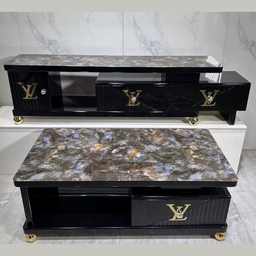 Ensemble RoyalLux – Meuble TV + Table Basse au Fini Marbré & Détails Dorés