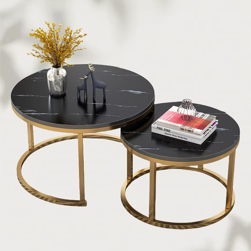 Ensemble Duo GlamMarbre – Tables Basses Rondes Or & Marbre_4