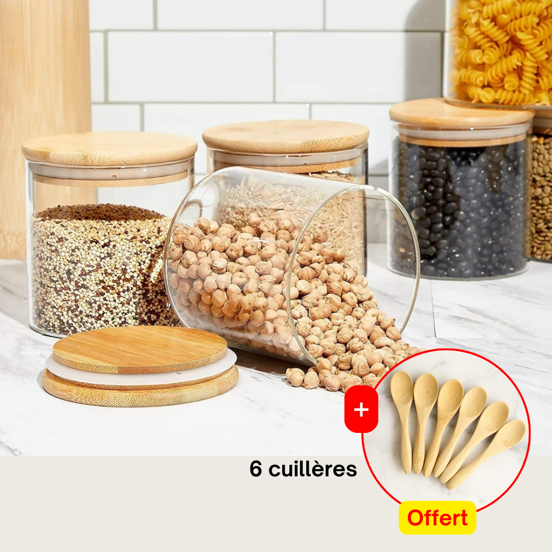 Lot de 6 bocaux en verre avec hermétiques 450ml + 6 cuillères