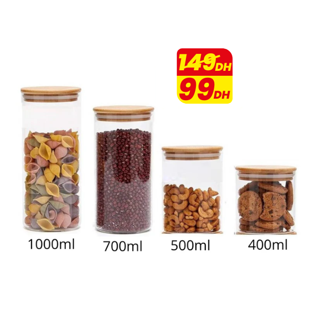 Lot de 4 bocaux en verre avec couvercle en bambou