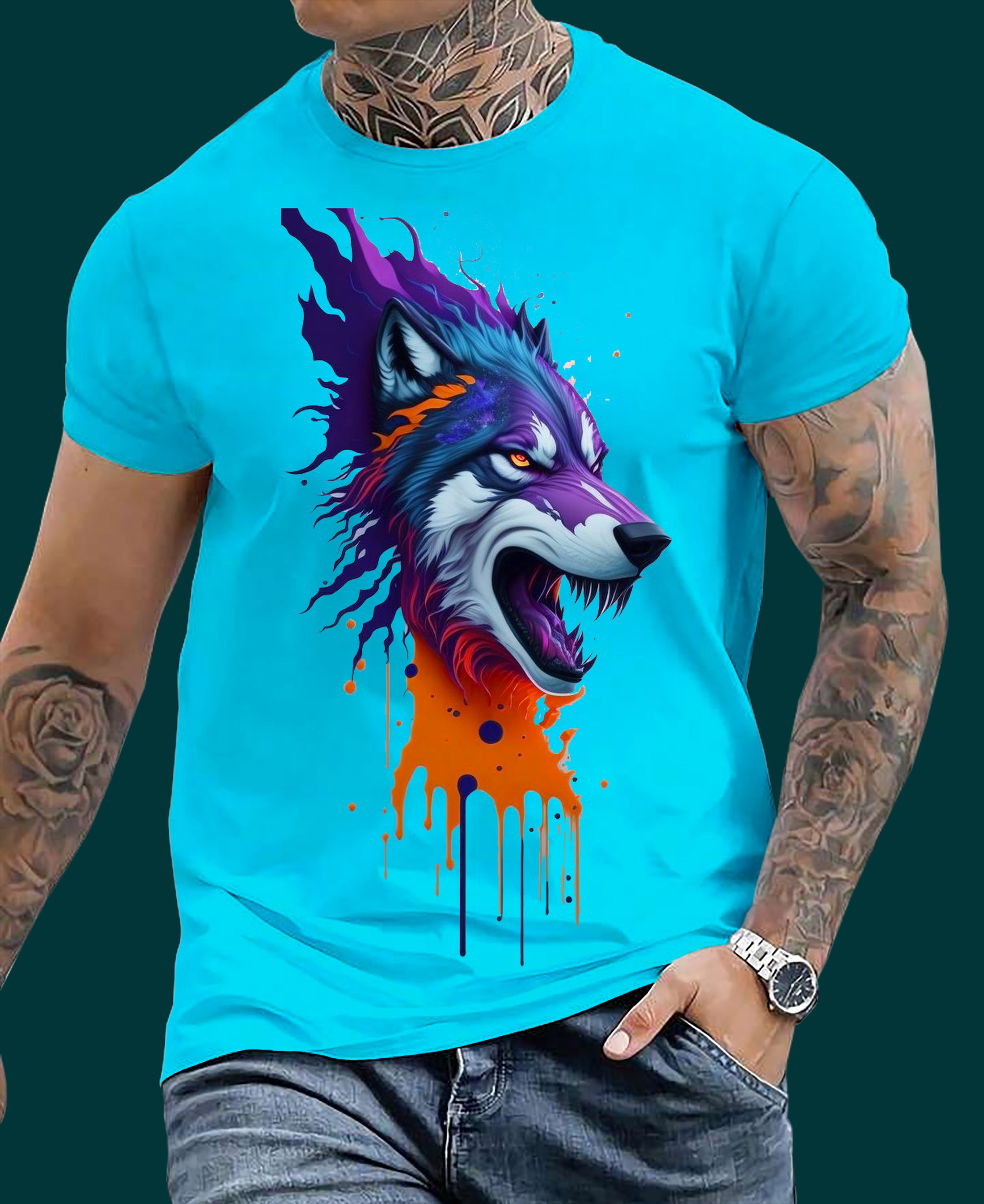 Color Splash Wolf – Fierce Expression Graphic Tee _2