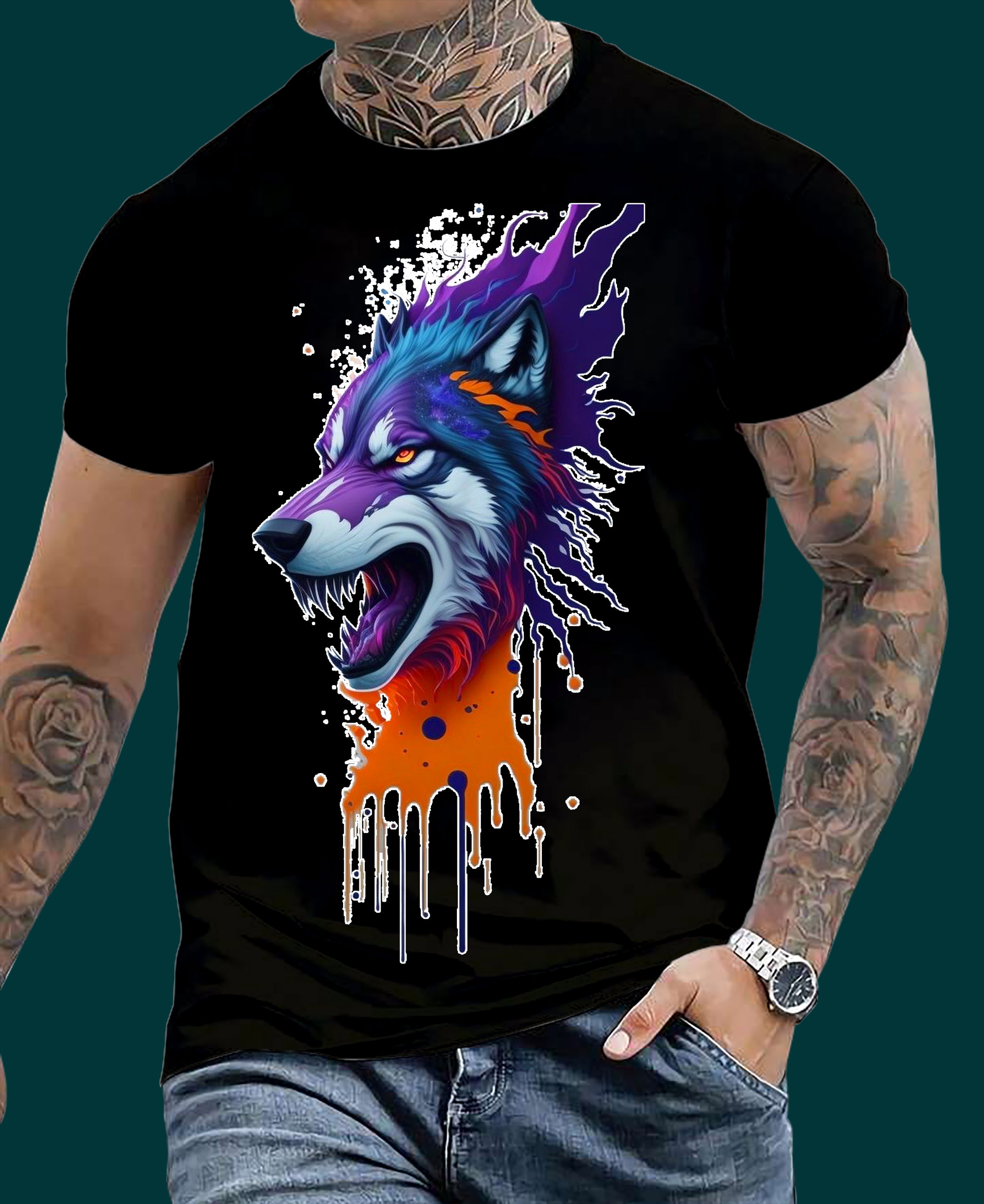 Color Splash Wolf – Fierce Expression Graphic Tee _0
