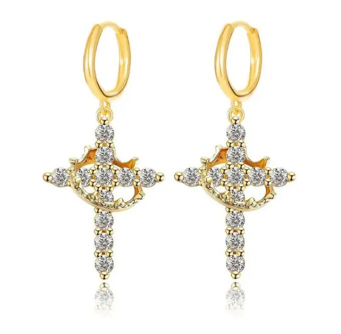 Rotating Crown Cross Pendant Earrings_1