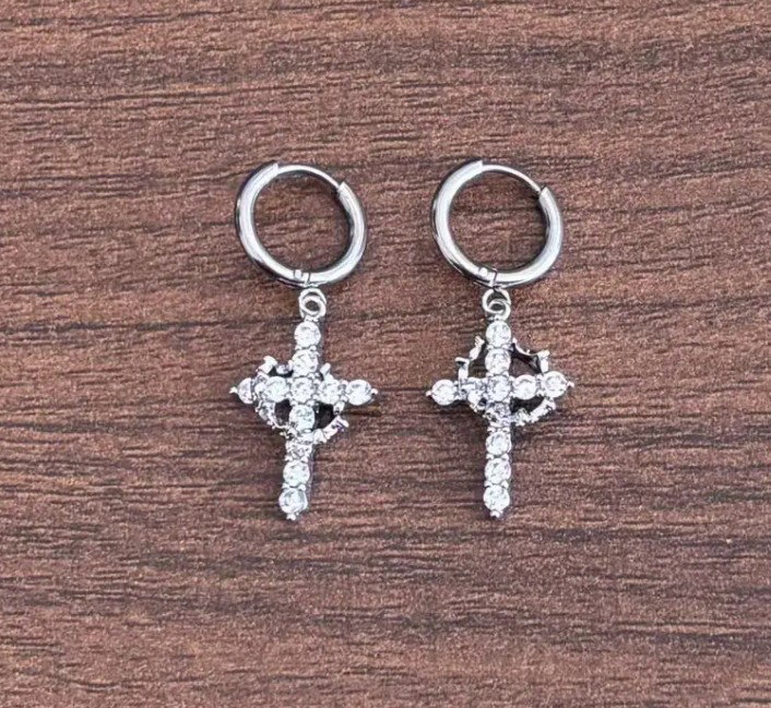 Rotating Crown Cross Pendant Earrings_3