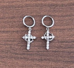 Rotating Crown Cross Pendant Earrings
