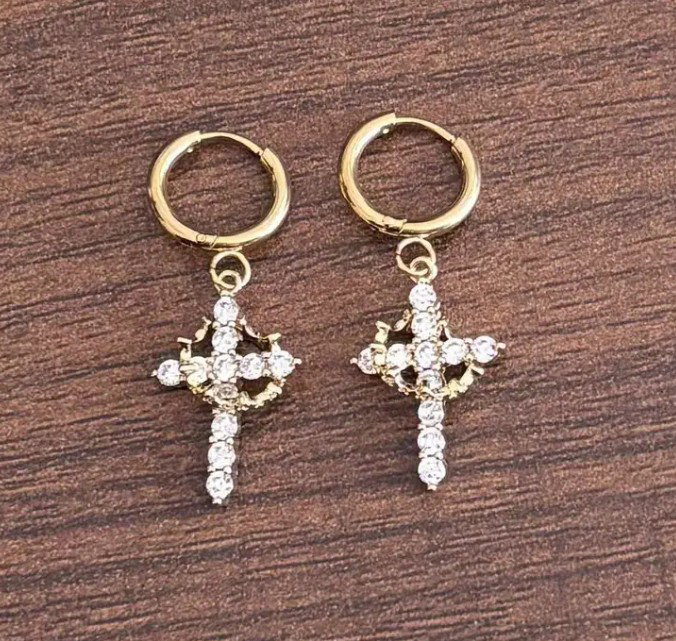 Rotating Crown Cross Pendant Earrings_4