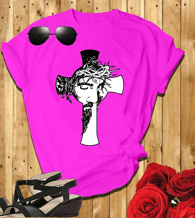 📝 The Cross & The Crown: Bold Christian T-Shirt with Jesus’ Face and Thorns_5