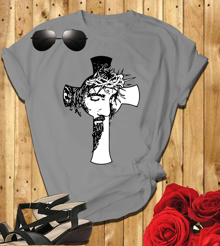 📝 The Cross & The Crown: Bold Christian T-Shirt with Jesus’ Face and Thorns_2