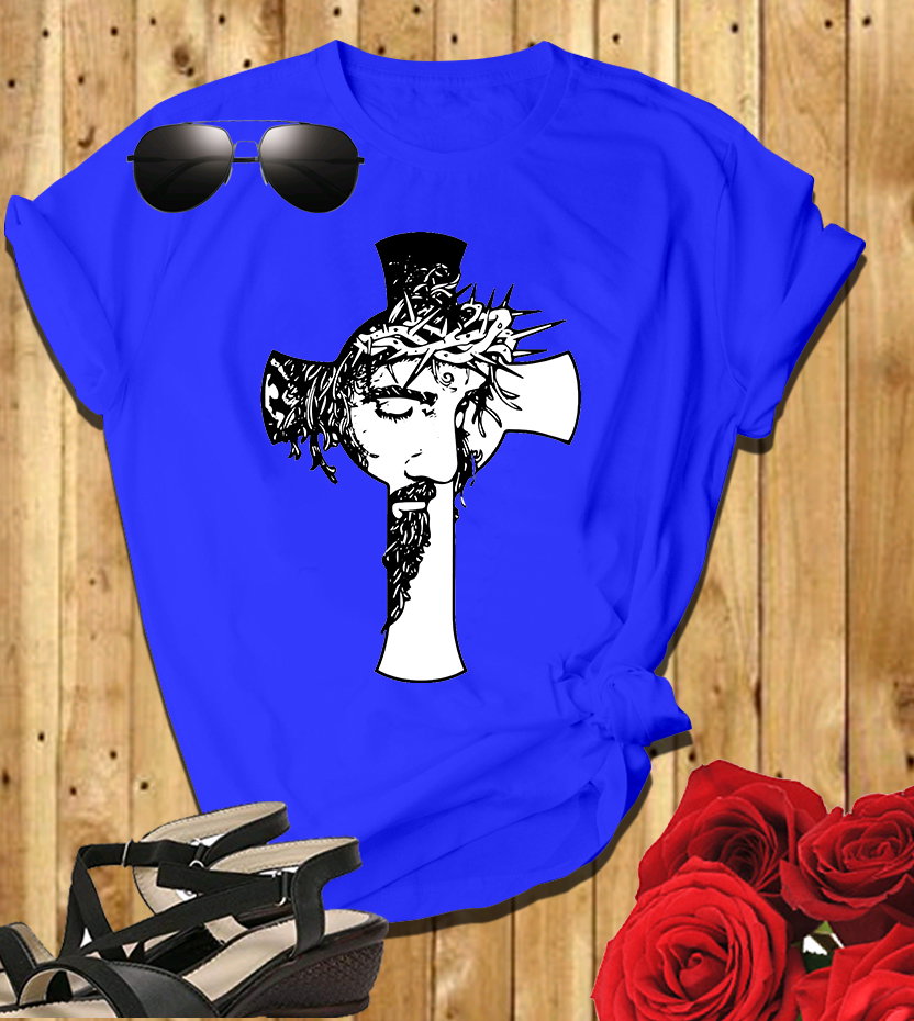 📝 The Cross & The Crown: Bold Christian T-Shirt with Jesus’ Face and Thorns_3