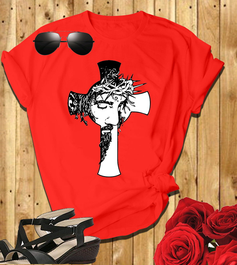 📝 The Cross & The Crown: Bold Christian T-Shirt with Jesus’ Face and Thorns_6