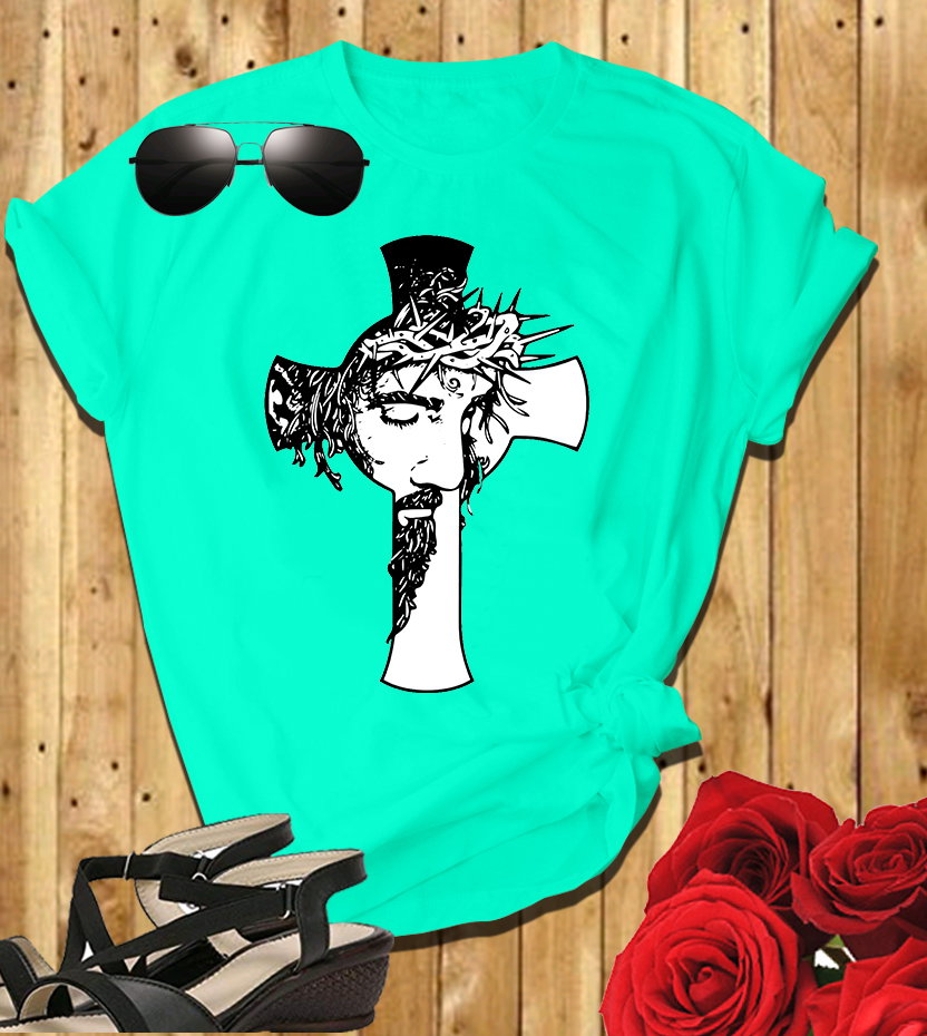📝 The Cross & The Crown: Bold Christian T-Shirt with Jesus’ Face and Thorns_4