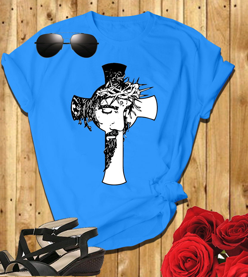 📝 The Cross & The Crown: Bold Christian T-Shirt with Jesus’ Face and Thorns_7