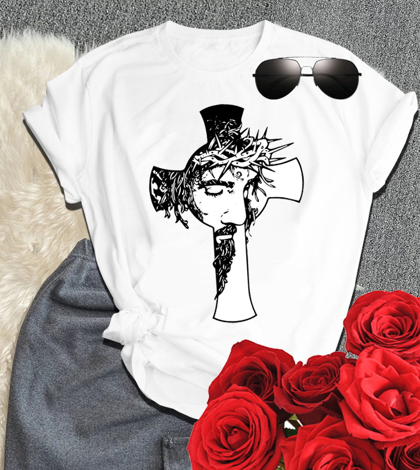 📝 The Cross & The Crown: Bold Christian T-Shirt with Jesus’ Face and Thorns_0