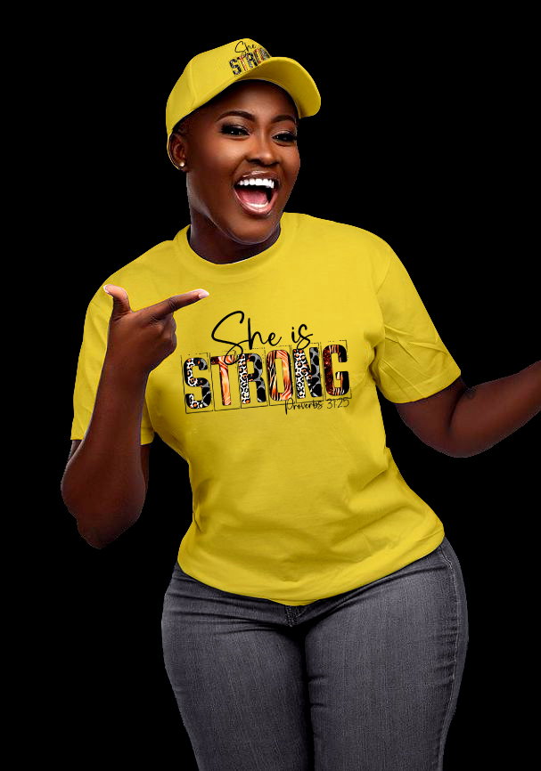 💥“She is Strong” Proverbs 31:25 T-Shirt & Cap Set – Bold Faithwear for Empowered Women_1