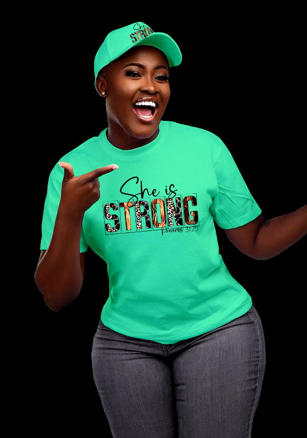 💥“She is Strong” Proverbs 31:25 T-Shirt & Cap Set – Bold Faithwear for Empowered Women_4