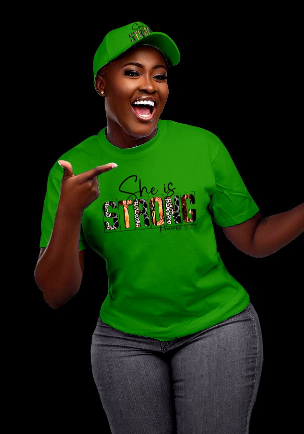 💥“She is Strong” Proverbs 31:25 T-Shirt & Cap Set – Bold Faithwear for Empowered Women_3