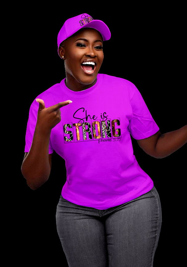 💥“She is Strong” Proverbs 31:25 T-Shirt & Cap Set – Bold Faithwear for Empowered Women_2