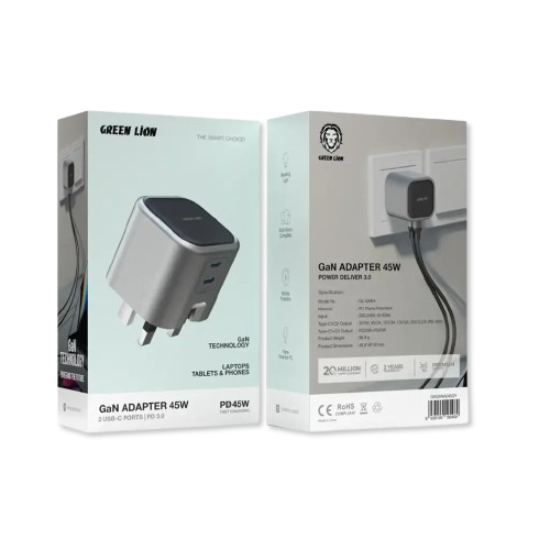 Green Lion GaN Adapter 45W 2 USB-C Ports PD 3.0 - Gray