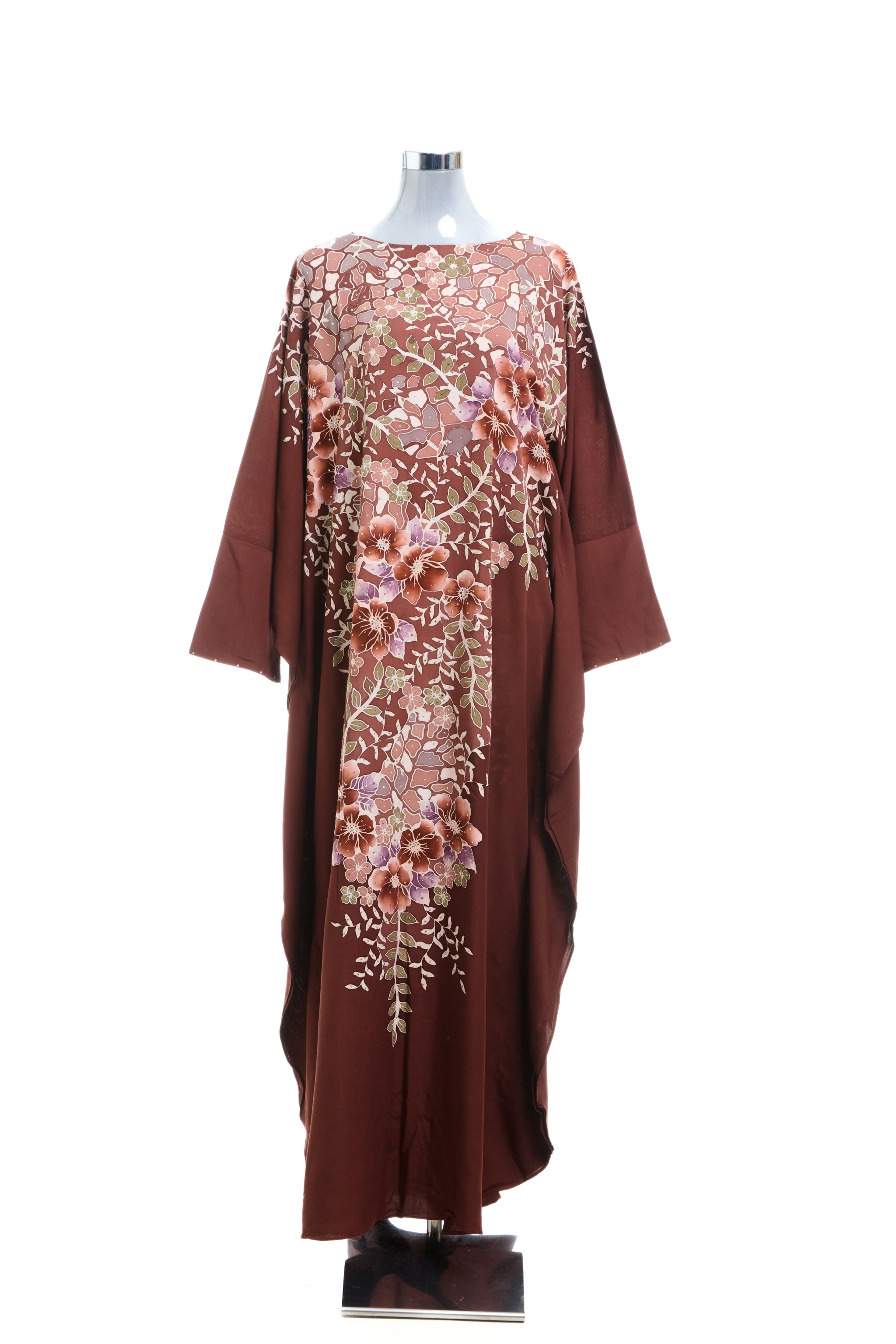 KAFTAN ABAYA WITH DIAMANTE CRYSTAL LONG BATWING SLEEVE  : BROWN_1