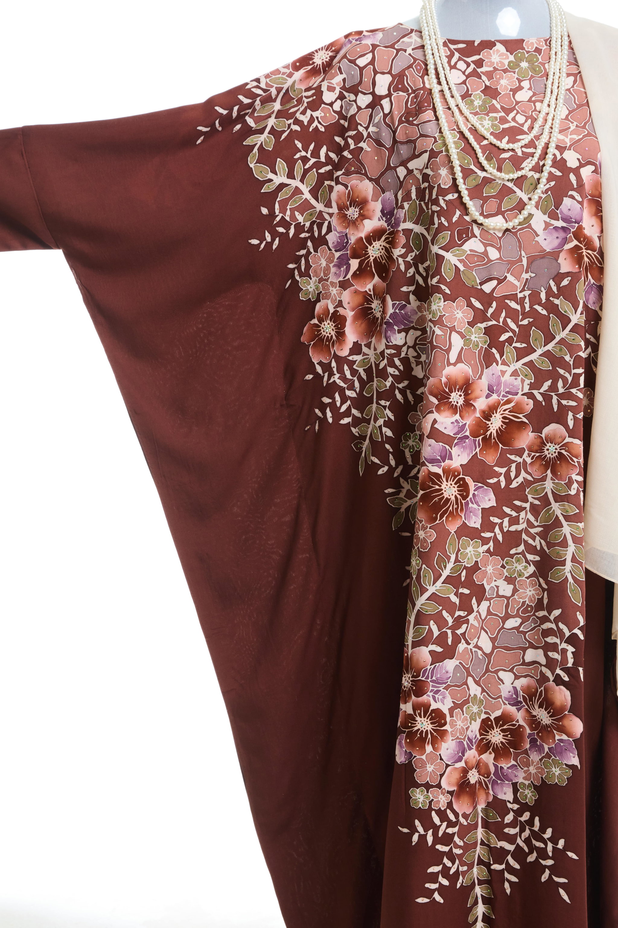 KAFTAN ABAYA WITH DIAMANTE CRYSTAL LONG BATWING SLEEVE  : BROWN_2
