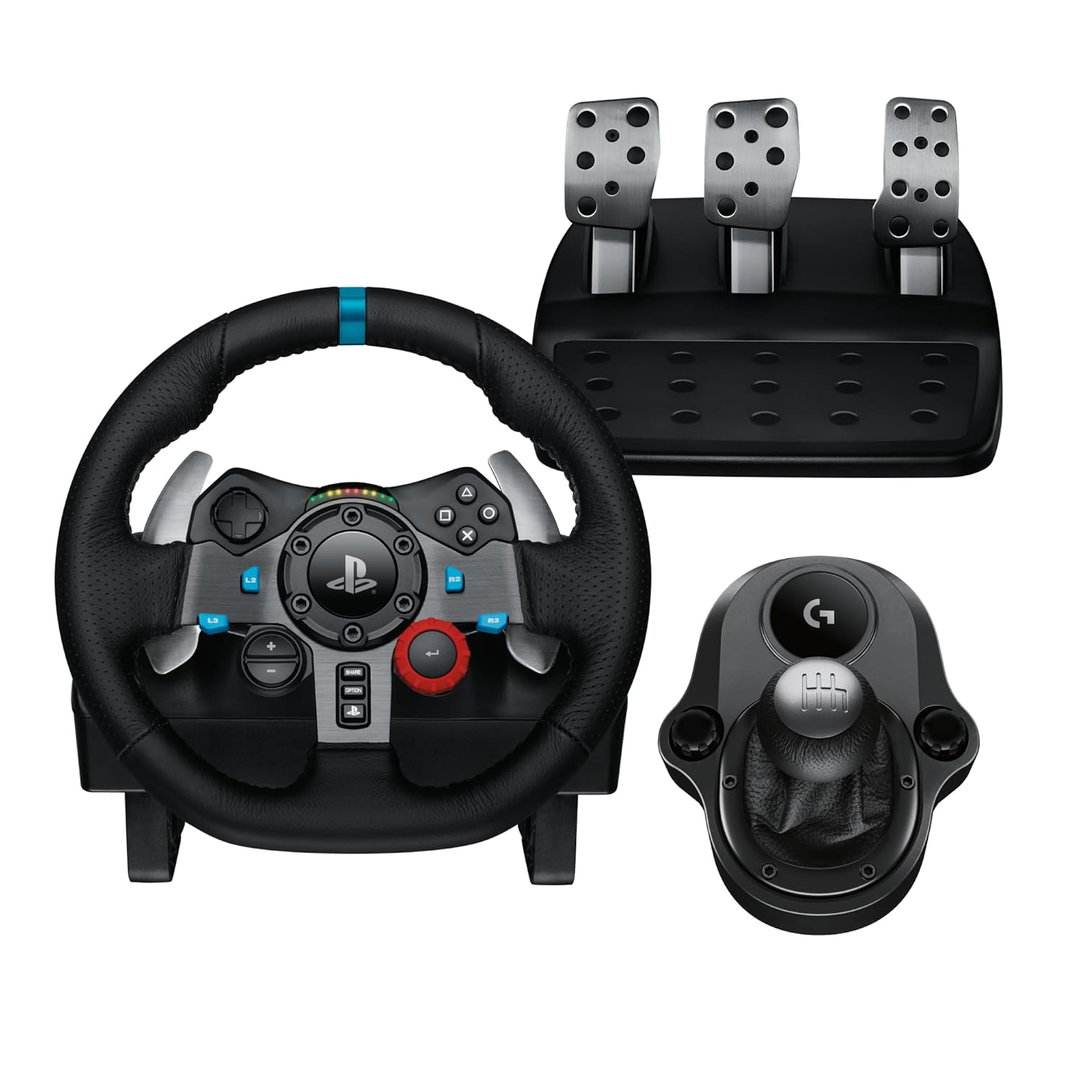 Volante e pedais de corrida Logitech G29 Driving Force, Force Feedback, couro legítimo + câmbio Logitech G Driving Force - para PS5, PS4 e PC, Mac - Usado (Importado da Europa)