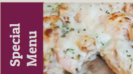 Pitta bread aux fruits de mer (pizza style), chips, salade, special dessert