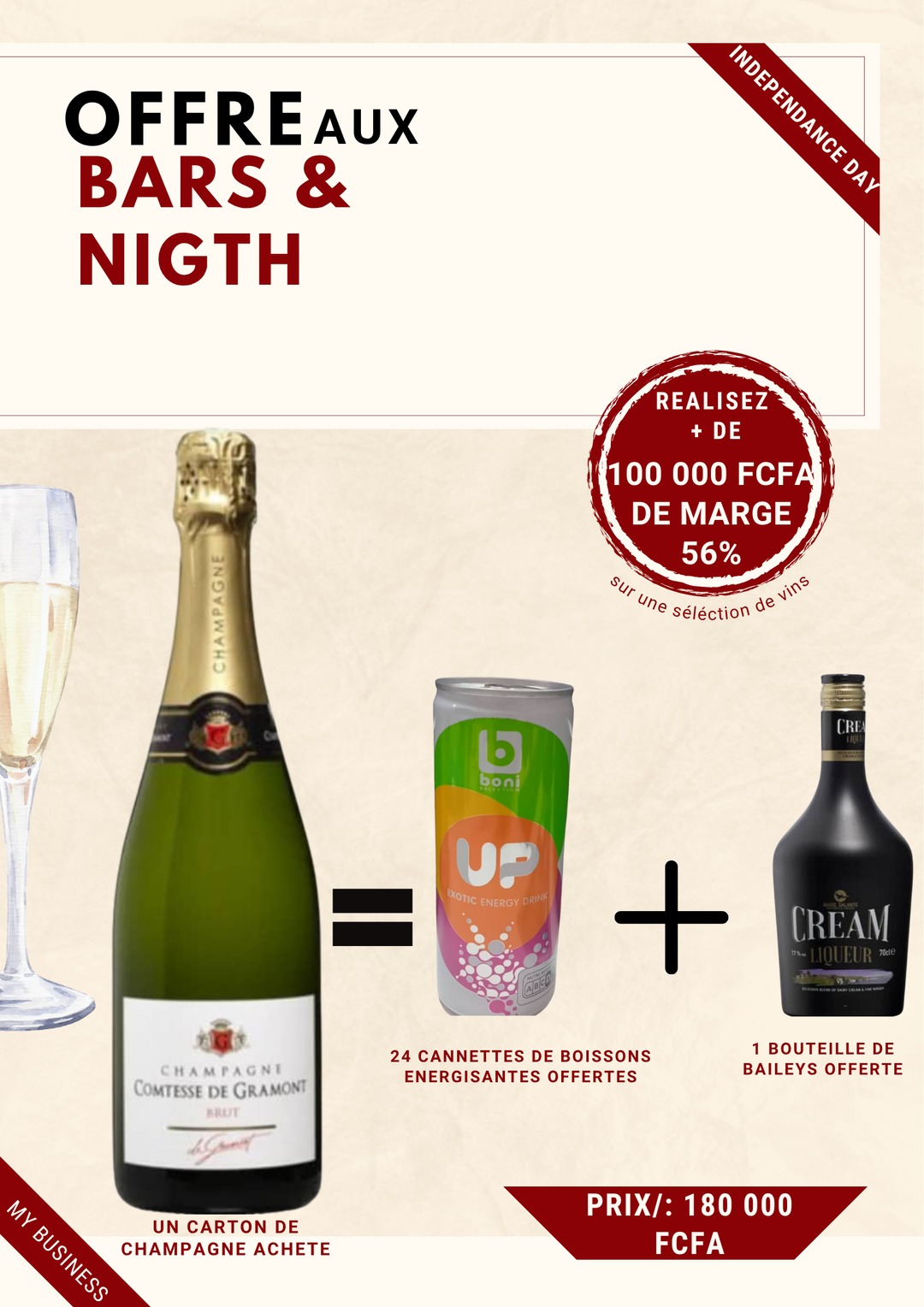Offre Bars & Nigth Club, 01 Carton de Champagne GRAMONT Acheté (06 bouteilles) = 24 Cannettes de Boissons Energisantes BONI Offertes + 01 Bouteille de Baileys Offerte. Prix de vente: 180 000 FCFA Bénéfice: 12 000 FCFA . Offre valable jusqu'au 10 Aout 2025