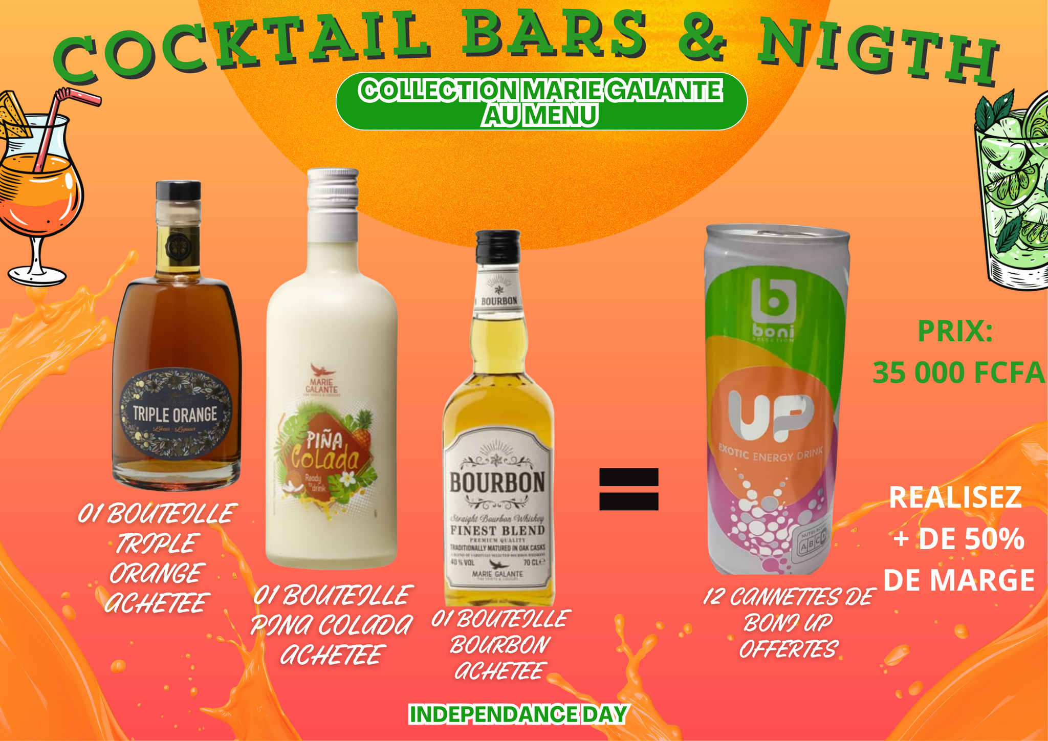Cocktail Bars & Nigth Club, 03 bouteilles de liqueurs achetées = 12 Cannettes de Boissons Energisantes Offertes. Prix de vente: 35 000  Bénéfice 4 000 FCFA.  Offre valable jusqu'au 10 Aout 2025._0