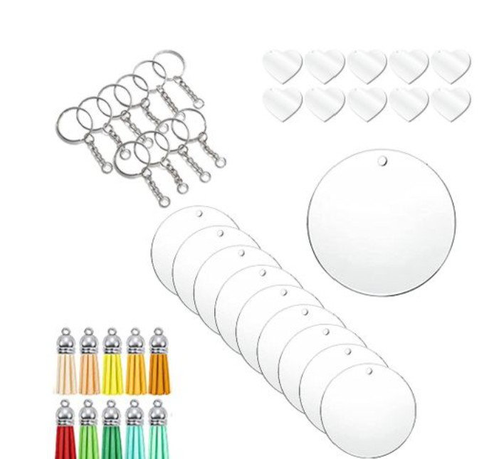 5cm Clear Acrylic Blank Round Keyring Tassel Kit - silver