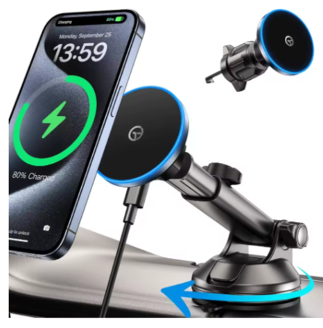 Chargeur de voiture pour chargeur sans fil MagSafe Dash/Vent 15W avec lumière LED support de téléphone magnétique puissant pour iPhone 16 15 14 13