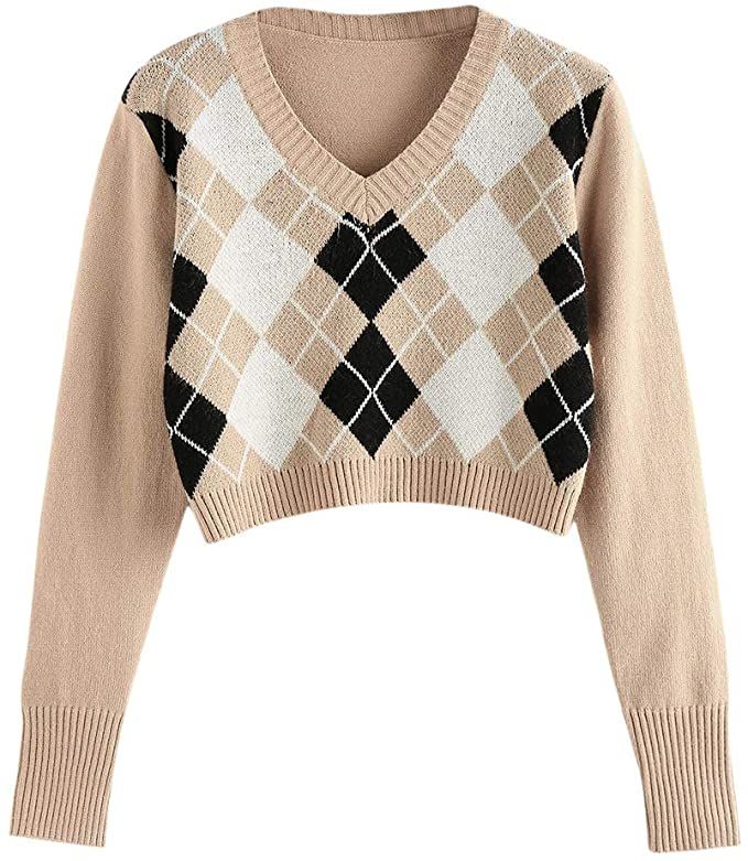 ZAFUL Women's Argyle Sweater V-Neck Cropped Sweater Long-Sleeve Plaid Sweater Pullover Jumper Knit Top_0