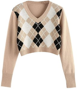 ZAFUL Women's Argyle Sweater V-Neck Cropped Sweater Long-Sleeve Plaid Sweater Pullover Jumper Knit Top