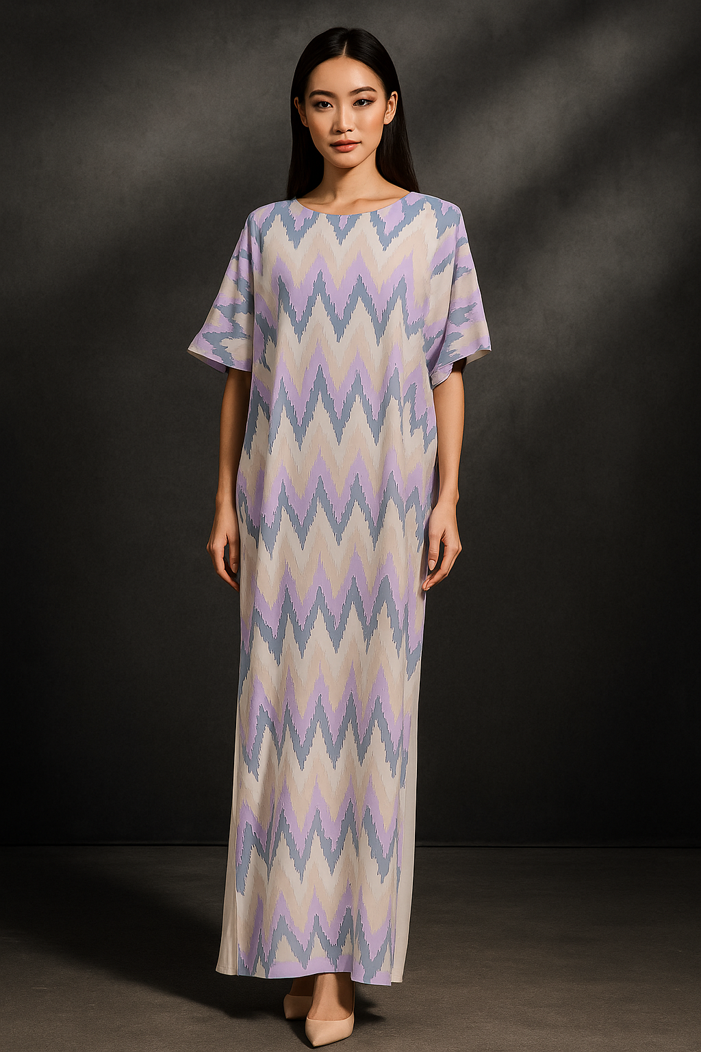 KAFTAN ZIGZAG WITH DIAMANTE CRYSTAL 3/4 SLEEVE  : LILAC CREAM_0
