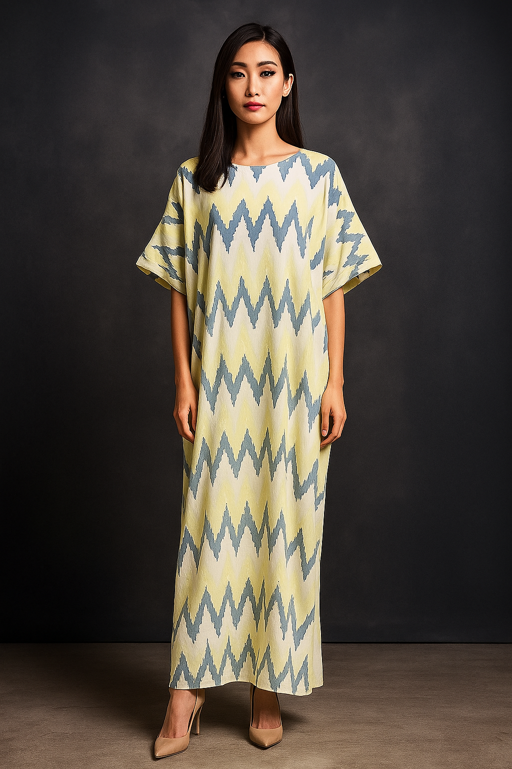 KAFTAN ZIGZAG WITH DIAMANTE CRYSTAL 3/4 SLEEVE : YELLOW
