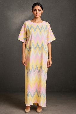 KAFTAN ZIGZAG WITH DIAMANTE CRYSTAL 3/4 SLEEVE  : YELLOW PINK