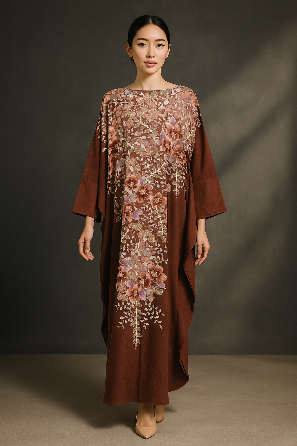 KAFTAN ABAYA WITH DIAMANTE CRYSTAL LONG BATWING SLEEVE  : BROWN