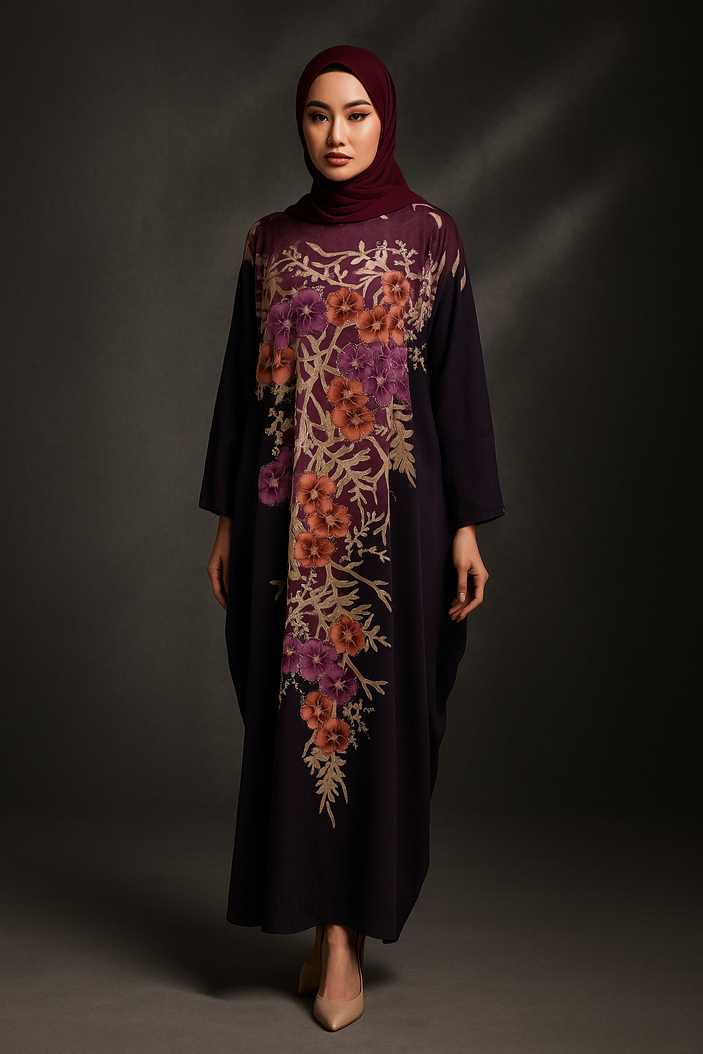 KAFTAN ABAYA WITH DIAMANTE CRYSTAL LONG BATWING SLEEVE  : PURPLE_0