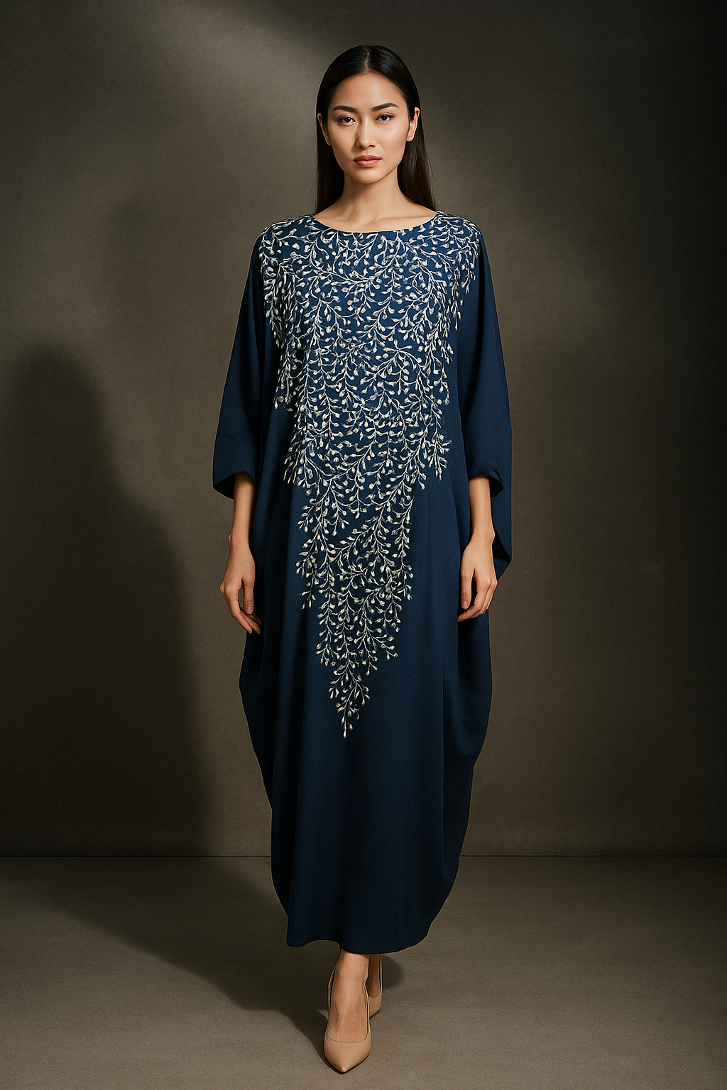 KAFTAN ABAYA WITH DIAMANTE CRYSTAL LONG BATWING SLEEVE  : NAVY BLUE