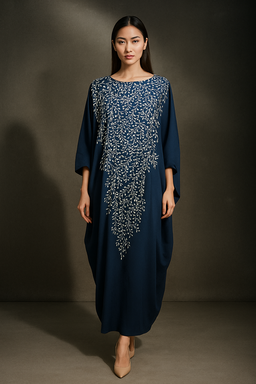 KAFTAN ABAYA WITH DIAMANTE CRYSTAL LONG BATWING SLEEVE  : NAVY BLUE