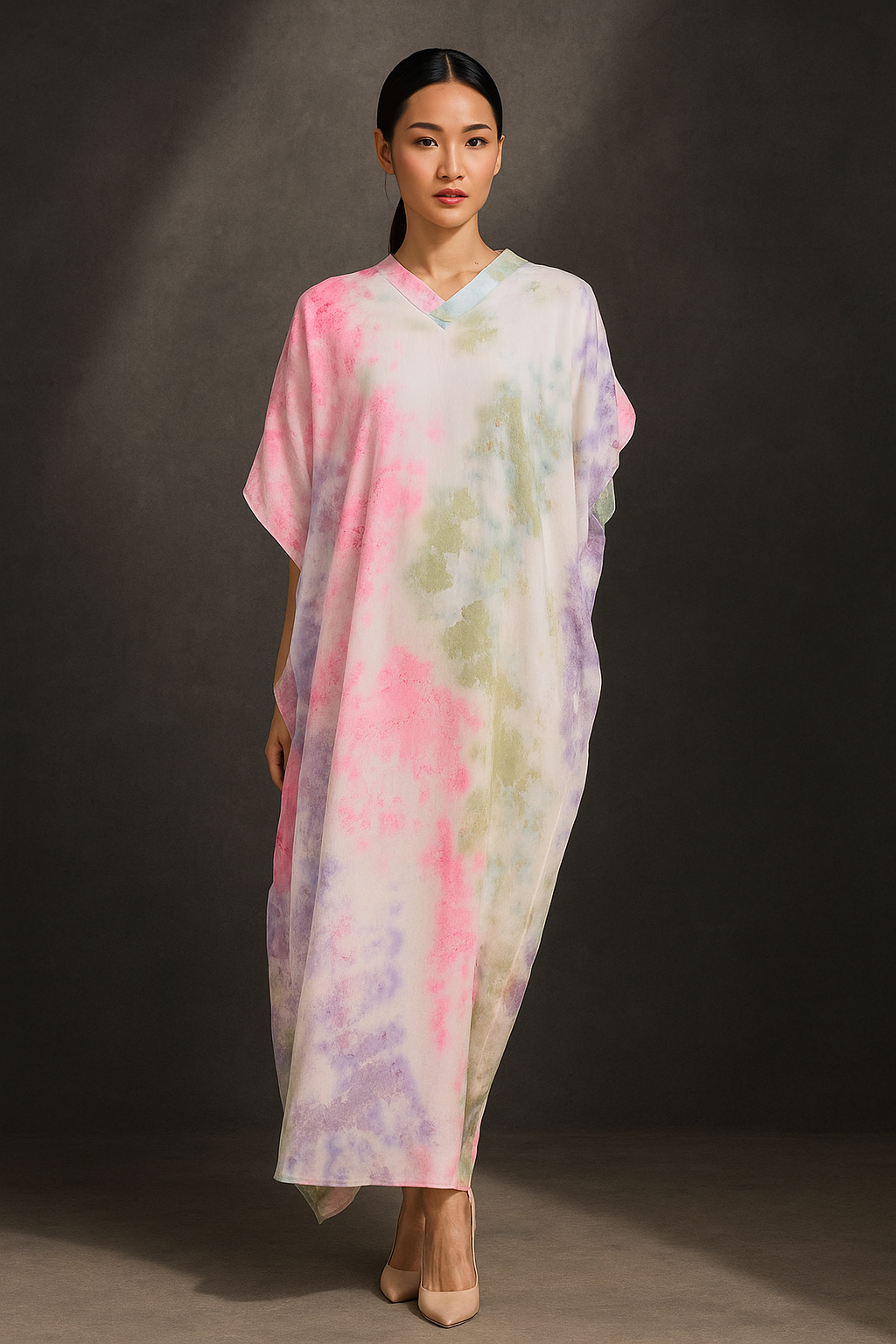 KAFTAN TIE DYE SHORT SLEEVE  : WHITE PINK