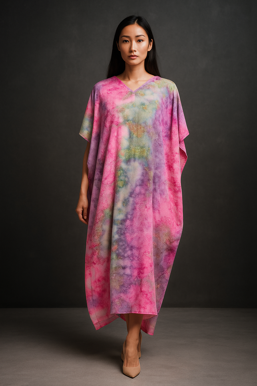 KAFTAN TIE DYE SHORT SLEEVE  : GREEN PINK