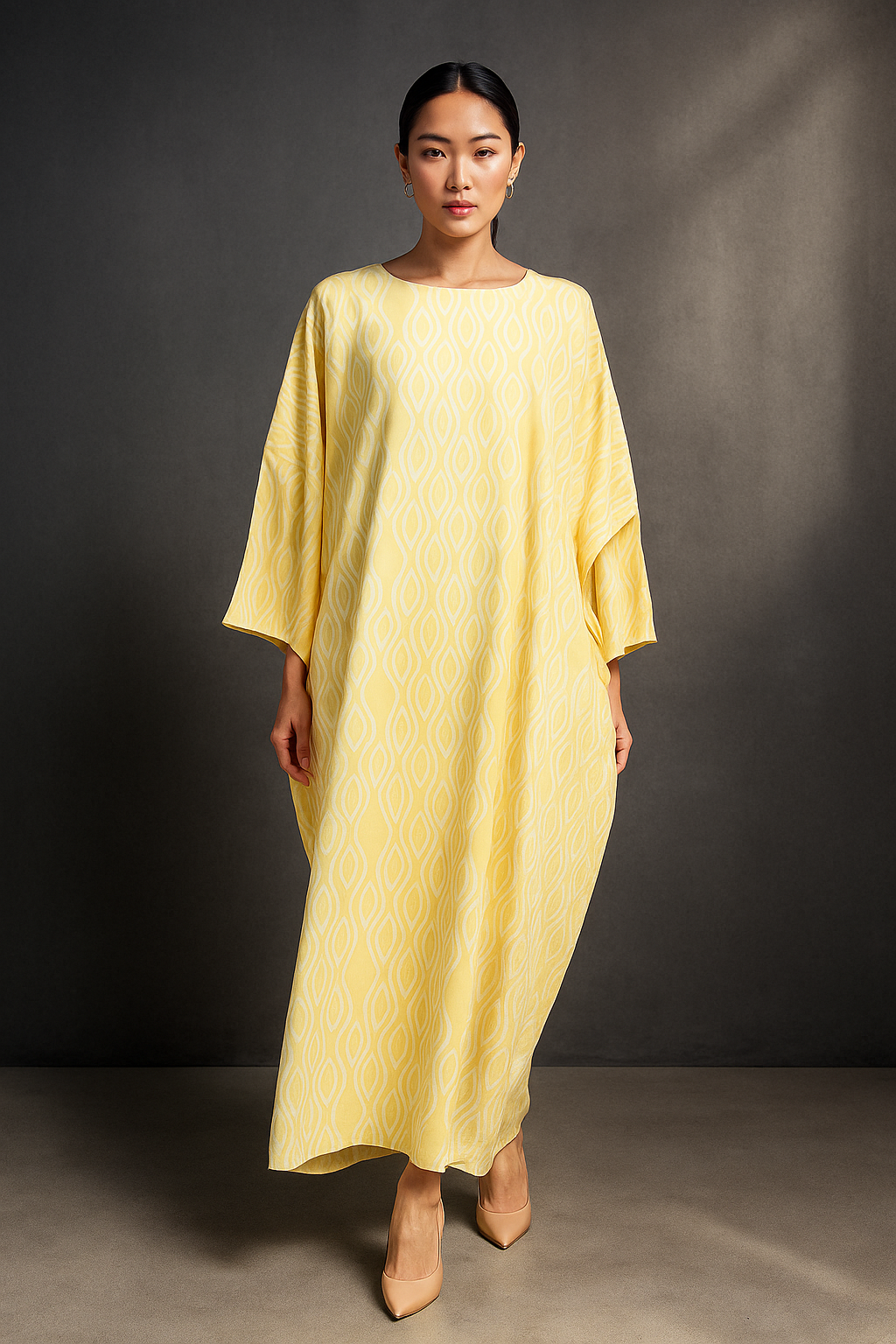 KAFTAN ABAYA DAUN WITH DIAMANTE CRYSTAL LONG SLEEVE : YELLOW