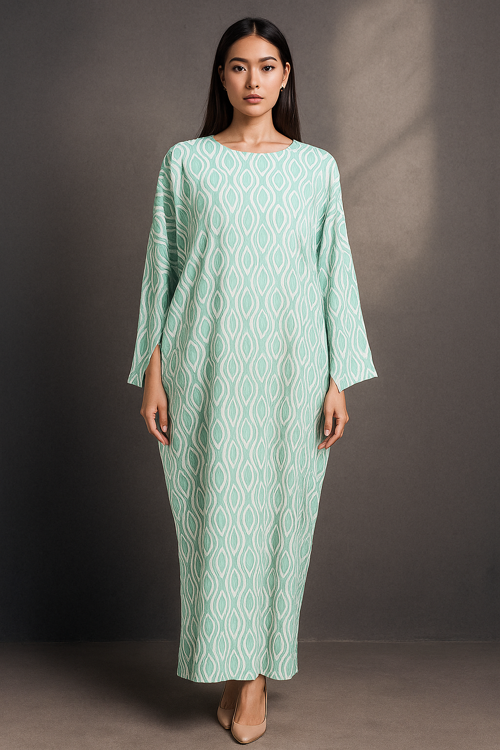 KAFTAN ABAYA DAUN WITH DIAMANTE CRYSTAL LONG SLEEVE : TEAL GREEN