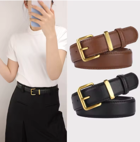 Ceinture de luxe en cuir véritable pour femmes, avec robe en jean, boucle dorée de 2.8cm de large, mode femme, ceinture en cuir de vache noir et marron_0