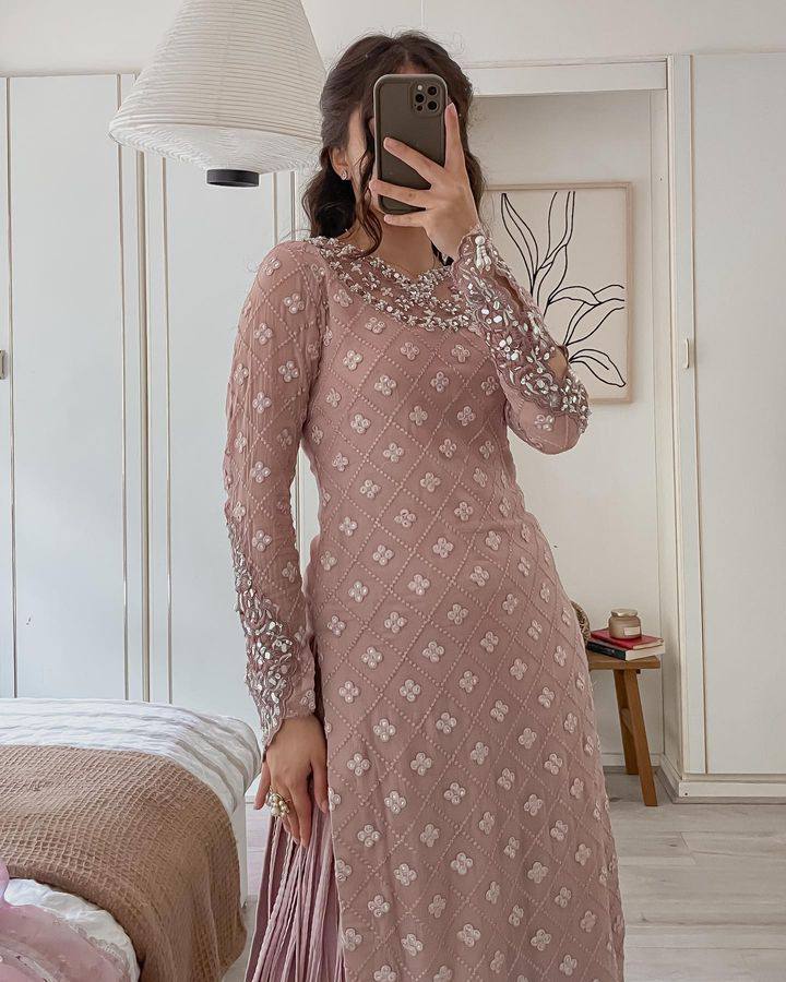 Jiana Peach Georgette Embroidered Kurta Palazzo Sets_1