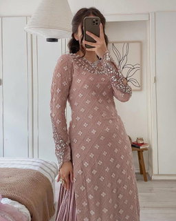 Jiana Peach Georgette Embroidered Kurta Palazzo Sets