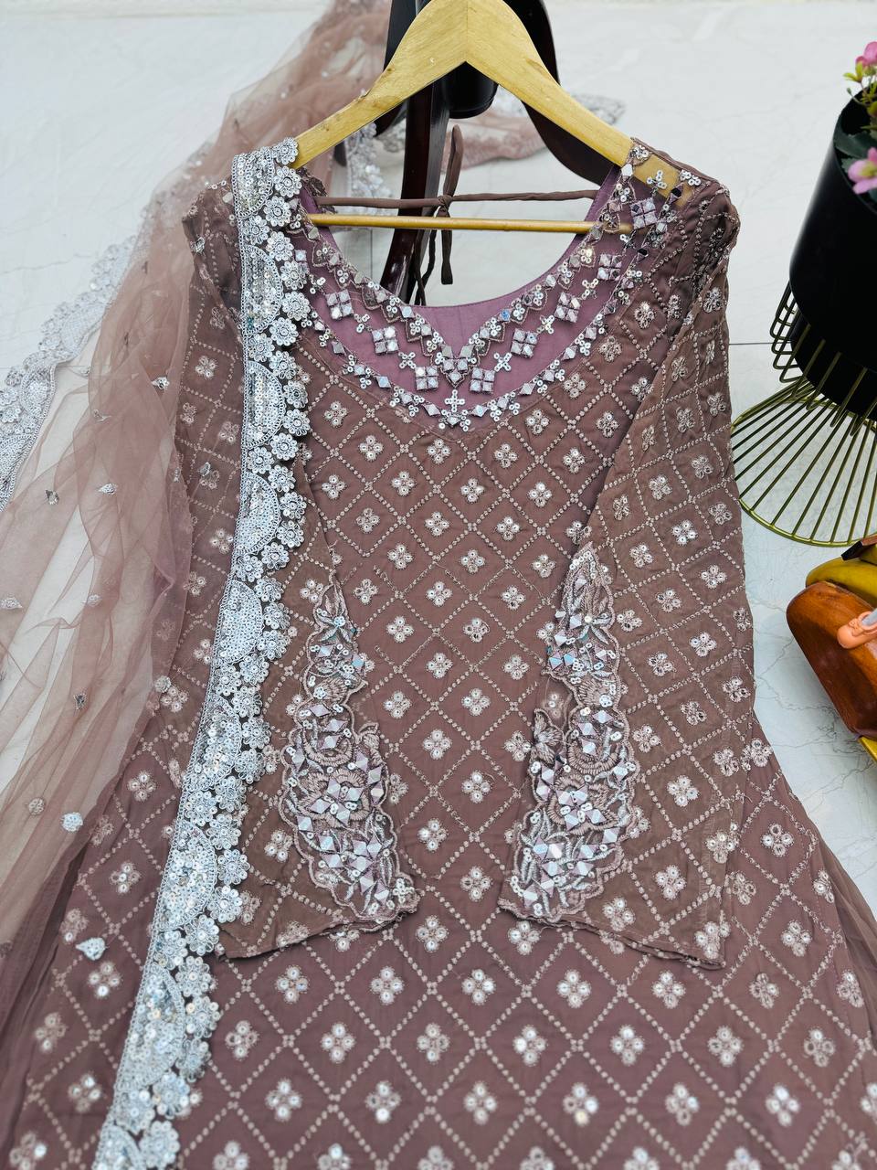 Jiana Peach Georgette Embroidered Kurta Palazzo Sets_4