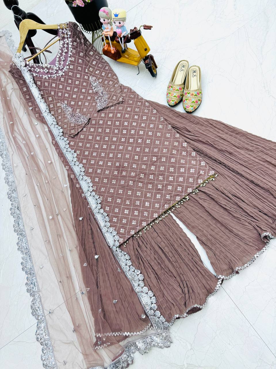 Jiana Peach Georgette Embroidered Kurta Palazzo Sets_5