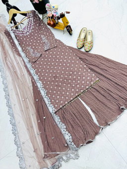 Jiana Peach Georgette Embroidered Kurta Palazzo Sets